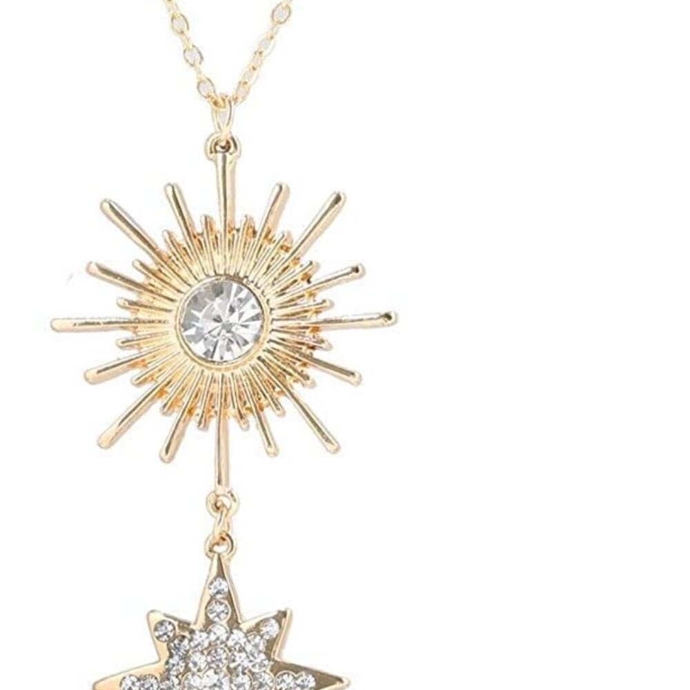 Sun Star Moon Pendant Necklace for Women Boho Rhinestone Crystal Long Sweater Ch